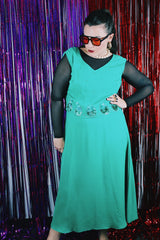 Women's vintage 1970's Saks Alley label sleeveless midi length kelly green polyester dress with sequin detail on chest.