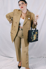 Men's or women's vintage 1970's Sax Overseas, Specially Made For Mr. R. E. Bankhead long sleeve beige colored double breasted blazer with thin pin stripes throughout.