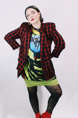 Women's vintage 1980's Casual Corner, Made in USA label black, red, and yellow tartan plaid double breasted blazer.