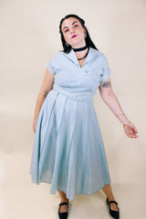 Women's vintage 1960's Toni Todd Original label short sleeve midi length light blue sheer a line dress.