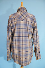 Men's vintage 1970's Pendleton label long sleeve button up western style shirt in a wool material and blue colors. Pearl silver snapper buttons.