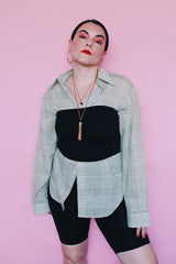 Men's or women's vintage 1960's Ivy Traditionals, Campus label long sleeve green plaid button up shirt with clear buttons, one left chest pocket in a cotton and polyester blend material