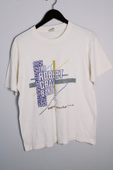 Women's or men's vintage 1988 Fruit of the Loom, Made in USA label short sleeve white 1988 The Robert Cray Band tour tee with graphic on front and back in cotton material.