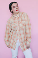 Men's or women's vintage 1970's long sleeve plaid print Western style shirt with pearl white snapper buttons and silver hardware. Light green, coral, yellow, and gold metallic colors.