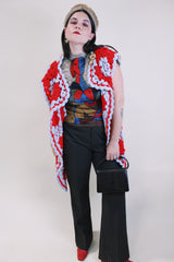 Women's vintage 1970's short sleeve crochet open front sweater with a drapey style in red and grey colors. Soft acrylic material