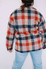 Men's or women's vintage 1970's Stage 2 label size large long sleeve button up shacket in red and blue plaid print. Fleece liner.