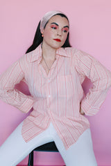Men's or women's vintage 1970's Montgomery Ward label long sleeve cotton and polyester material pink striped button up shirt with clear buttons.