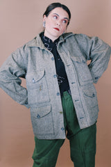 Men's or women's vintage 1960's Tailored by Day's, Fabric by Wool O' The West size large long sleeve button up grey wool tweed shacket with four pockets.