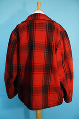 Men's vintage 1970's Sheraton Sportswear label long sleeve black and red buffalo plaid wool shacket.