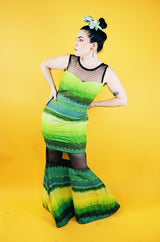 sleeveless floor length dress green and yellow striped print with sheer lace panels vintage 1990's