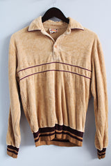 Women's or men's vintage 1980's Weekends in California label long sleeve tan and brown colored velour material pullover sweater with collar and half button closure.