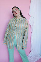 Men's or women's vintage 1960's The Crescent Spokane, Gant Shirtmakers label long sleeve cotton material button up shirt with yellow, green, and peach vertical stripes.