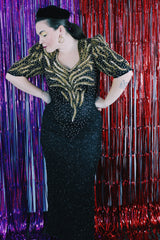 Women's vintage 1980's Mark & John by Sam, Made in India label long length short sleeve beaded and sequined dress in black and gold.