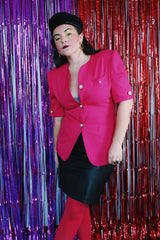 Women's vintage 1980's Collections label short sleeve button up power blazer in hot pink colors.
