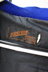 Men's or women's vintage 1970's Dehen, Award Letters, Beaverton, Oregon label long sleeve cream and vibrant blue varsity letterman jacket with green and yellow trim in wool and leather material.