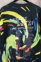 Women' or men's vintage 1993 Fruit of the Loom, Made in USA label short sleeve black 1993 Van Halen Tour t-shirt with graphic on the front and back with all over multicolored tie dye.