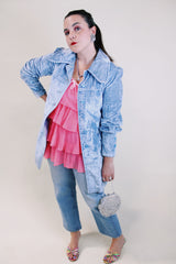 Women's vintage 1970's long sleeve long length pale blue crushed velvet jacket. Puff sleeves and matching tie belt.