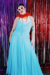 Women's vintage 1980's Estevez, Neil Diamond Inc. label sleeveless maxi length bright blue dress.