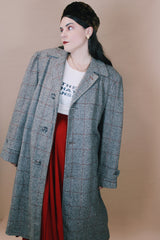 Men's or women's vintage 1960's Max Weinstein Tailor, Portland, Oregon label size large long sleeve long length brown tweed wool trench coat with button closure.