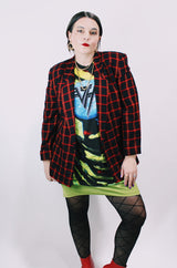 Women's vintage 1980's Casual Corner, Made in USA label black, red, and yellow tartan plaid double breasted blazer.