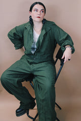 Men's vintage 1980's Men's Coveralls Type 1 label size XL long sleeve army green one piece jumpsuit with button closure and pockets in cotton material.