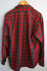 Men's or women's vintage 1980's Pendleton label long sleeve button up shirt in an all over red plaid print. Lightweight wool material, tortoise buttons.