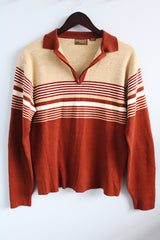 Men's or women's vintage 1970's Heywood House label long sleeve pullover sweater with a collar and half zip closure in a burnt orange and tan colors.