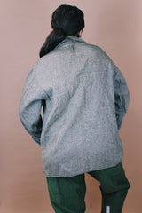 Men's or women's vintage 1960's Tailored by Day's, Fabric by Wool O' The West size large long sleeve button up grey wool tweed shacket with four pockets.