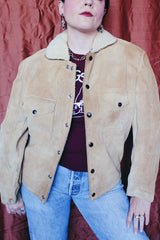 Women's or men's vintage 1950's Alaska Sleeping Bag Co., Portland, Oregon label long sleeve tan colored suede jacket with popper buttons and cream shearling liner.