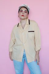 Men's or women's vintage 1960's Van Heusen label button up pajama shirt with collar. Yellow with brown and white trim.