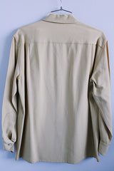 Men's vintage 1950's Single Needle Custom Construction Thomas Shirt, Los Angeles long sleeve tan colored button up shirt in all wool material