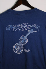 Women's or men's vintage 1980's Hanes, Fifty-Fifty, Made in USA label short sleeve navy blue Doug Kershaw band tee with graphic on front and back in cotton and polyester material.