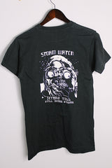 Women's or men's vintage 1970's Made in USA label short sleeve black colored Jethro Tull tour tee with graphic on front and back in white in cotton material.