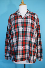 Men's or women's vintage 1960's Pilgrim label long sleeve button up pajama shirt in white, red, and green. Lightweight cotton material.