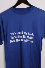 Women's or men's vintage 1970's E, IMEX, Made in Mexico label short sleeve blue tee with white slogan on the front in a cotton or polyester material.