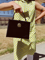 black patent leather box purse with gold hardware 1950's vintage