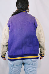Women's or men's vintage 1960's Shields, Sporting Goods Inc., Vancouver, Washington label long sleeve wool and leather varsity letterman jacket in purple, cream, and yellow colors.