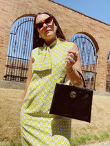 black patent leather box purse with gold hardware 1950's vintage