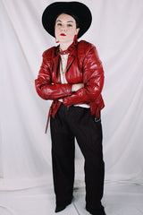 Women's or men's vintage 1980's Wilson's Suede & Leather long sleeve zip up short fit bright red leather moto style jacket.