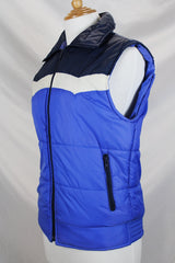 Women's or men's vintage 1970's Sears, Boys label sleeveless puffy vest in white, navy, and blue. Side pockets and zipper up the front.