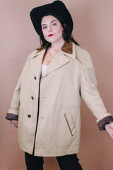 Men's vintage 1980's McGregor, Made in USA label size large tan canvas colored long sleeve medium length jacket with brown corduroy trim collar and buttons up the front.