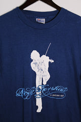 Women's or men's vintage 1980's Hanes, Fifty-Fifty, Made in USA label short sleeve navy blue Doug Kershaw band tee with graphic on front and back in cotton and polyester material.