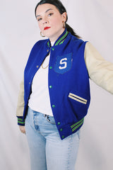 Men's or women's vintage 1970's Dehen, Award Letters, Beaverton, Oregon label long sleeve cream and vibrant blue varsity letterman jacket with green and yellow trim in wool and leather material.