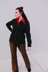 Brown Wool Button Up Jacket with Tie Waist