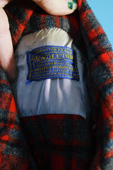 Men's vintage 1960's Pendleton label long sleeve button up shirt in red and grey plaid print in a wool material.