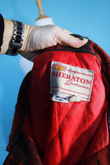 Men's vintage 1970's Sheraton Sportswear label long sleeve black and red buffalo plaid wool shacket.