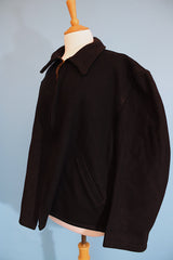 Men's vintage 1950's Field & Stream label long sleeve dark navy blue wool zip up shacket with side pockets.