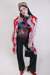 Women's vintage 1970's short sleeve crochet open front sweater with a drapey style in red and grey colors. Soft acrylic material