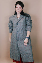 Men's or women's vintage 1960's Max Weinstein Tailor, Portland, Oregon label size large long sleeve long length brown tweed wool trench coat with button closure.