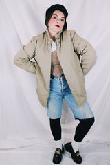 Men's or women's vintage 1970's Sir Jac label long sleeve grey colored longer length zip up bomber jacket with knit ribbed trim.